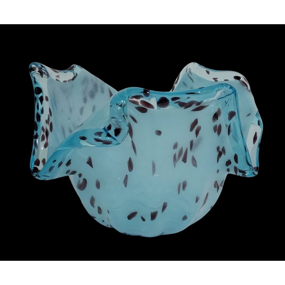 Murano Free Form Hand-Blown Blue Black Speckled Glass Vase Bowl Tulip Flower